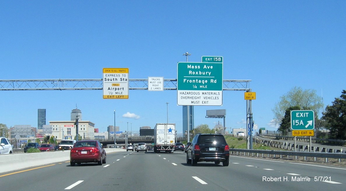 Image of overhead exit sign for Mass Ave/Frontage Road exit with new milepost based exit number on I-93 North in Dorchester, May 2021