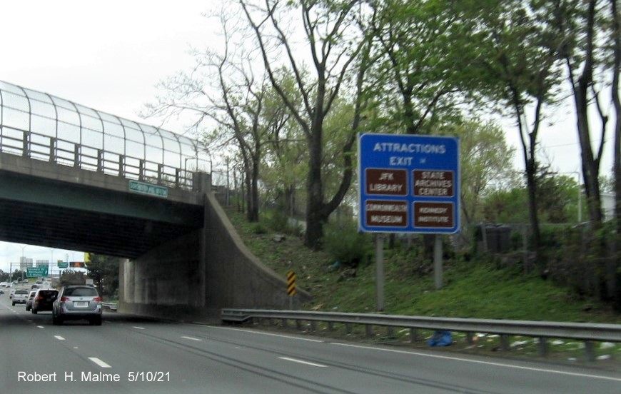 Image of auxiliary sign for Columbia Road exit with new milepost based exit number on I-93 South in South Boston, May 2021