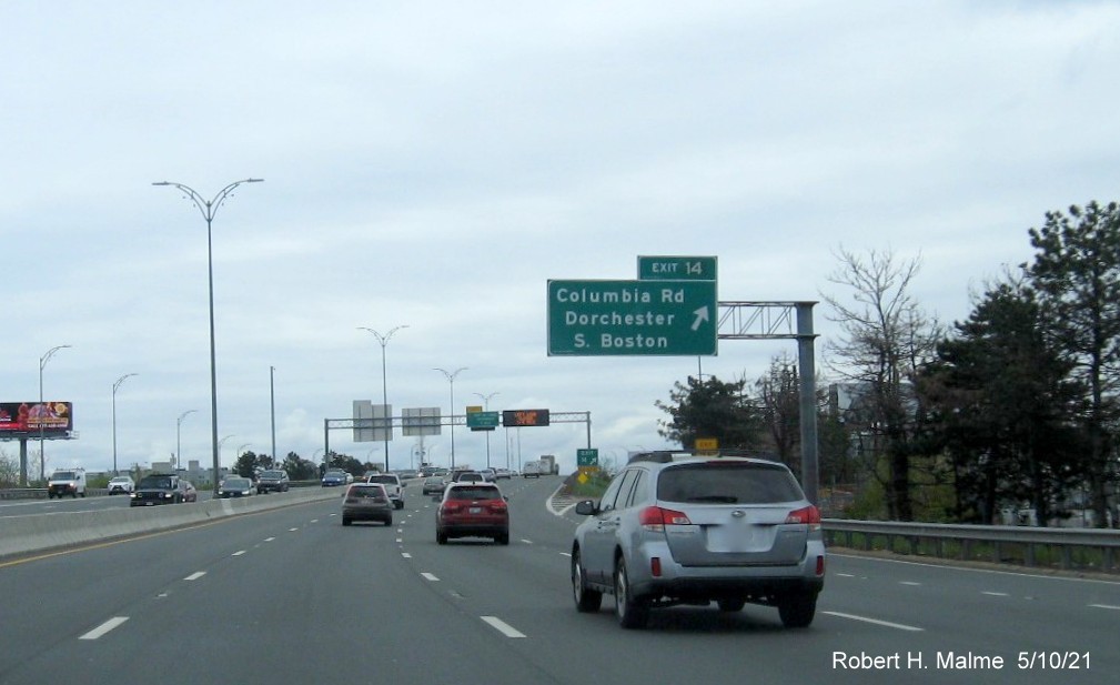 Image of overhead ramp sign for Columbia Road exit with new milepost based exit number on I-93 South in South Boston, May 2021