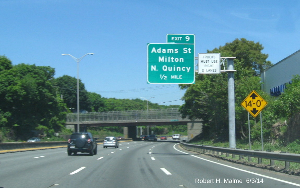 Image of new 1/2 mile advance overhead sign for Exit 9 on I-93 North in Quincy