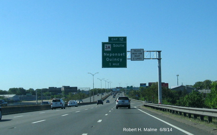Image of new Overhead 1 Mile Advance sign for Exit 12 on I-93 South in Boston