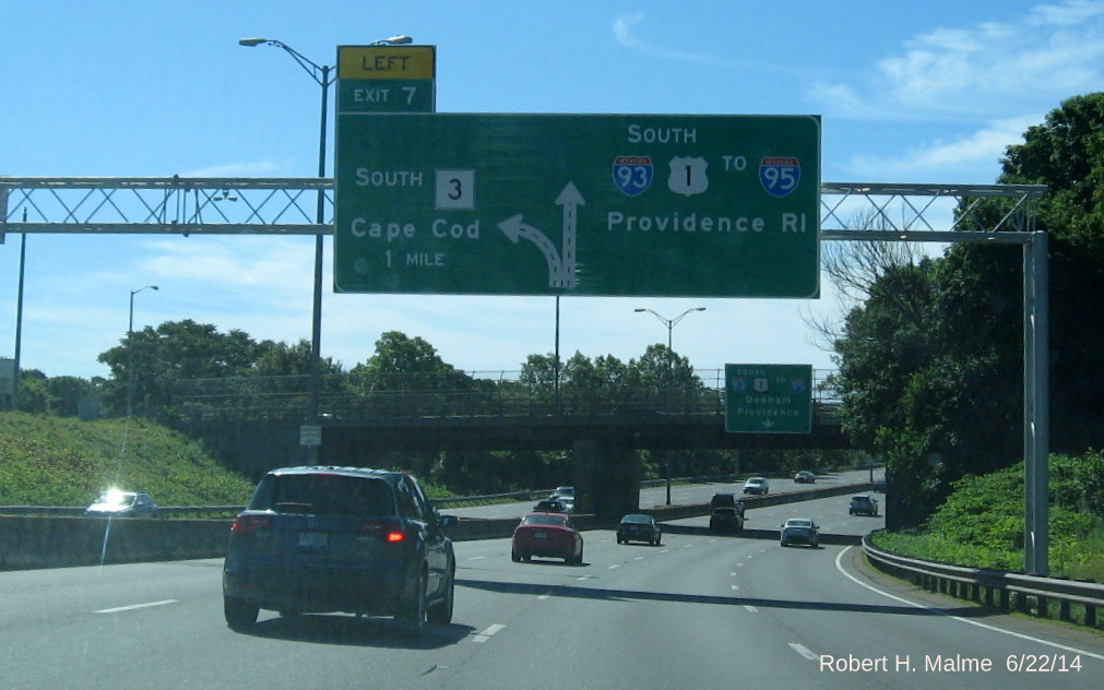 Image of new overhead exit sign for MA 3 Exit on I-93 South in Quincy