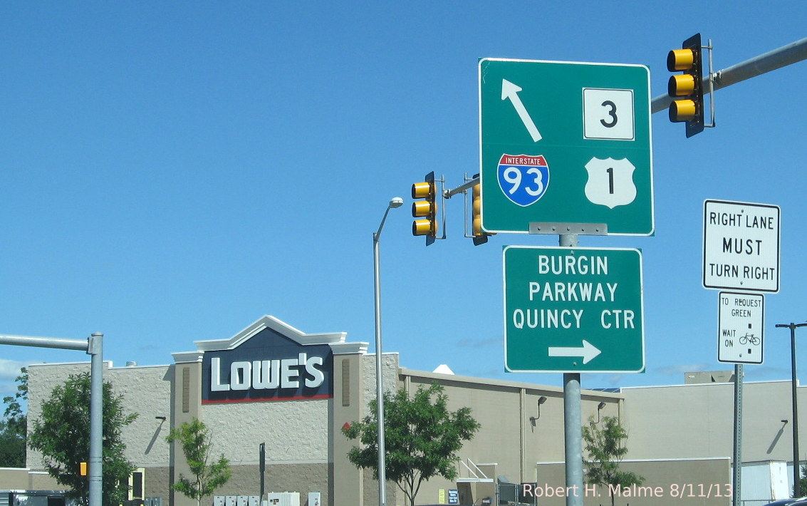 Mass Guide sign with I-93, US 1 and MA 3 near Quincy Adams T Station