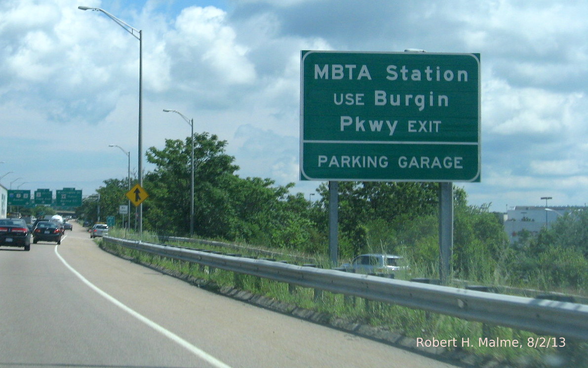 Photo of newly placed exit sign for Quincy Adams T Station on I-93 North in Braintree