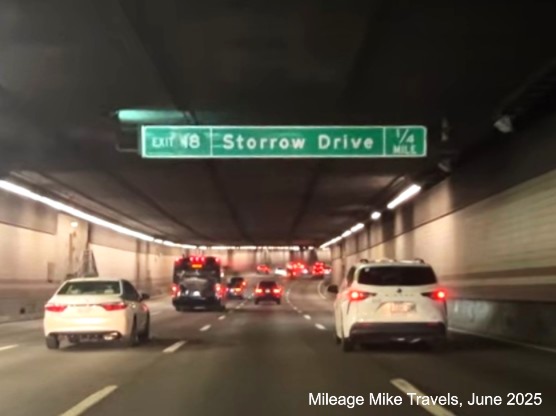 The 1/4 Mile advance for Storrow Drive exit with milepost based exit 
	number on I-93 North in Boston, screen grab from Mileage Mile Travels video, June 2025