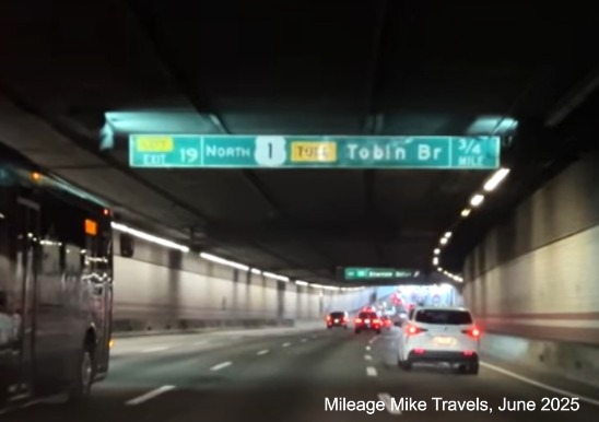 Image of advance signs for Storrow Drive exit with new milepost based exit number on 
	I-93 North in Boston, May 2021