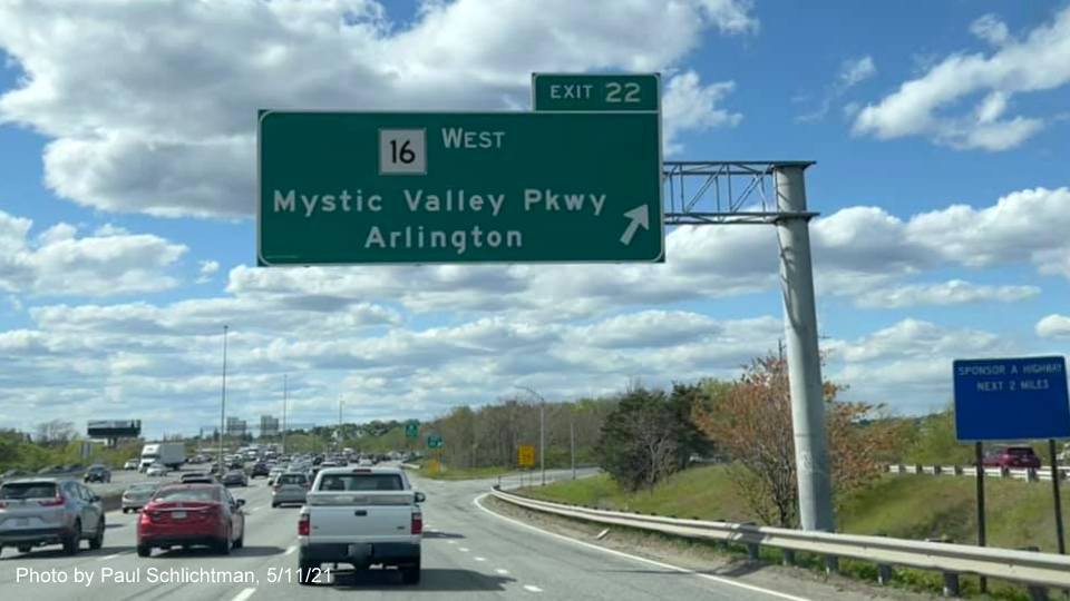 Image of overhead ramp sign for MA 16 West exit with new milepost based exit number on I-93 in Medford, by Paul Schlichtman, May 2021