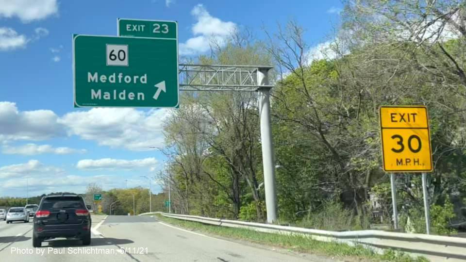 Image of overhead ramp sign for MA 60 exit with new milepost based exit number on I-93 North in Medford, by Paul Schlichtman, May 2021