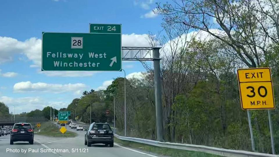 Image of overhead ramp sign for MA 28 Fellsway exit with new milepost based exit number on I-93 North in Medford, by Paul Schlichtman, May 2021