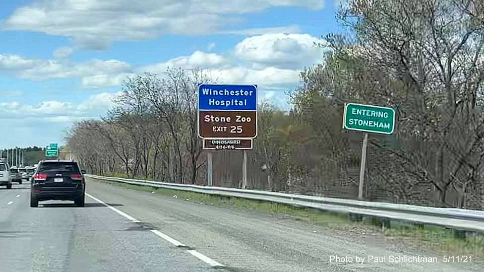 Image of auxiliary sign for MA 28 North exit with new milepost based exit number on I-93 North in Stoneham, by Paul Schlichtman, May 2021