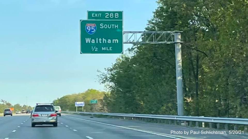 Image of 1/2 mile advance overhead sign for I-95/MA 128 South exit with new milepost based exit number
         on I-93 South in Woburn, by Paul Schlichtman, May 2021