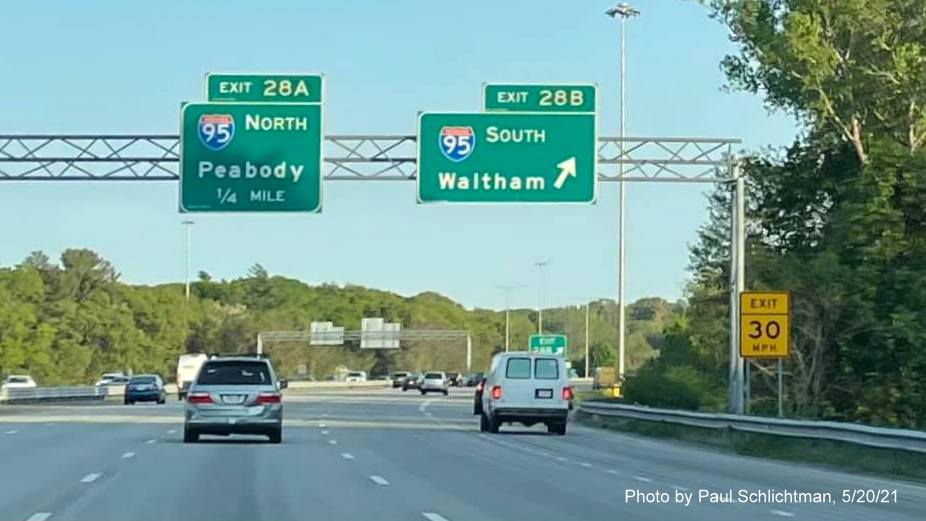 Image of 1 overhead signs at ramp for I-95/MA 128 South exit with new milepost based exit number 
             on I-93 South in Reading, by Paul Schlichtman, May 2021