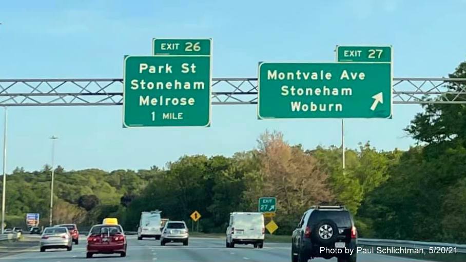 Image of overhead ramp sign for Montvale Avenue exit with new milepost based exit number on I-93 South in Woburn, by Paul Schlichtman, May 2021