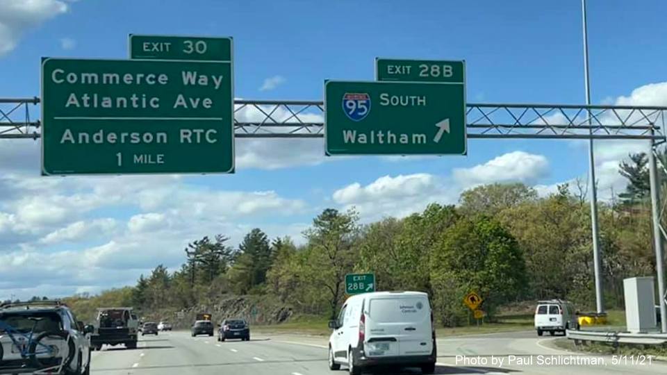 Image of overhead ramp sign for I-95 South exit with new milepost based exit number on I-93 North in Woburn, by Paul Schlichtman, May 2021