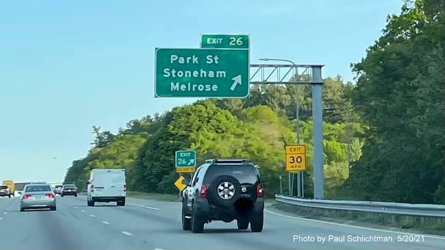 Image of overhead ramp sign for Park Street exit with new milepost based exit number on I-93 South in 
                                            Stoneham, by Paul Schlichtman, May 2021