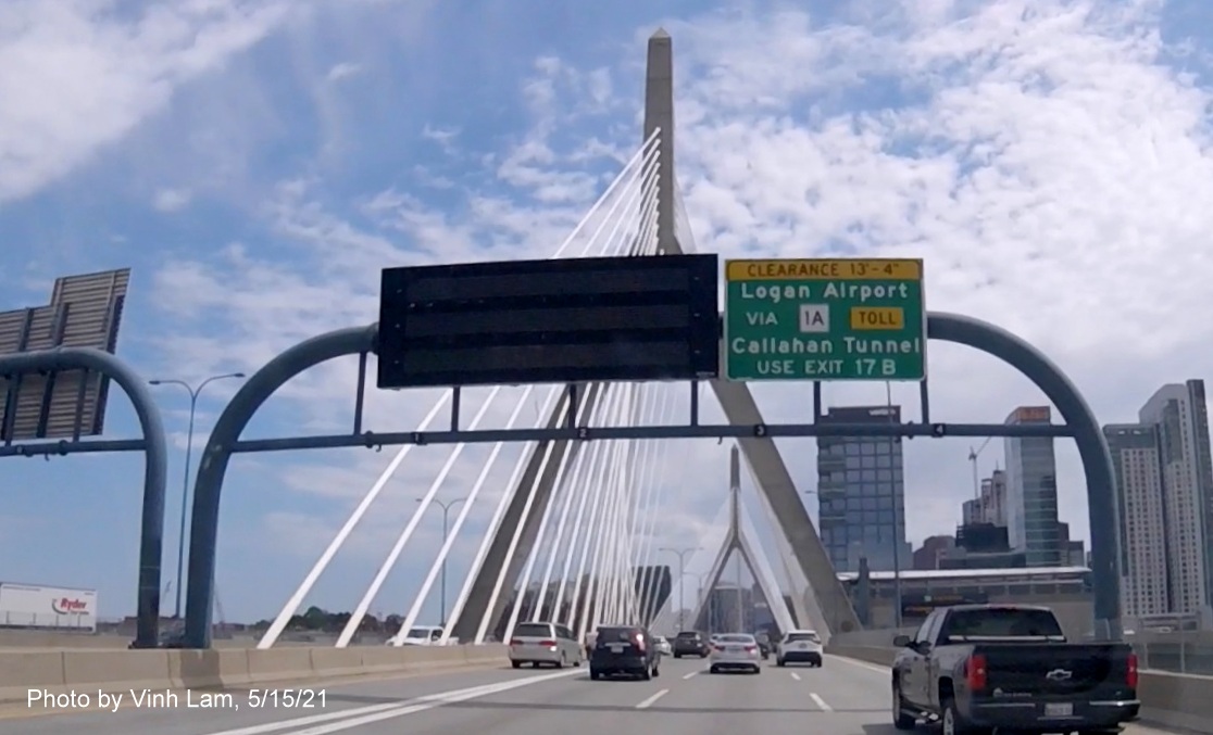 Image of 1/2 Mile advance overhead sign for MA 1A/Government Center exits with new milepost based exit numbers on I-93 South in Charlestown, by Vinh Lam, May 2021