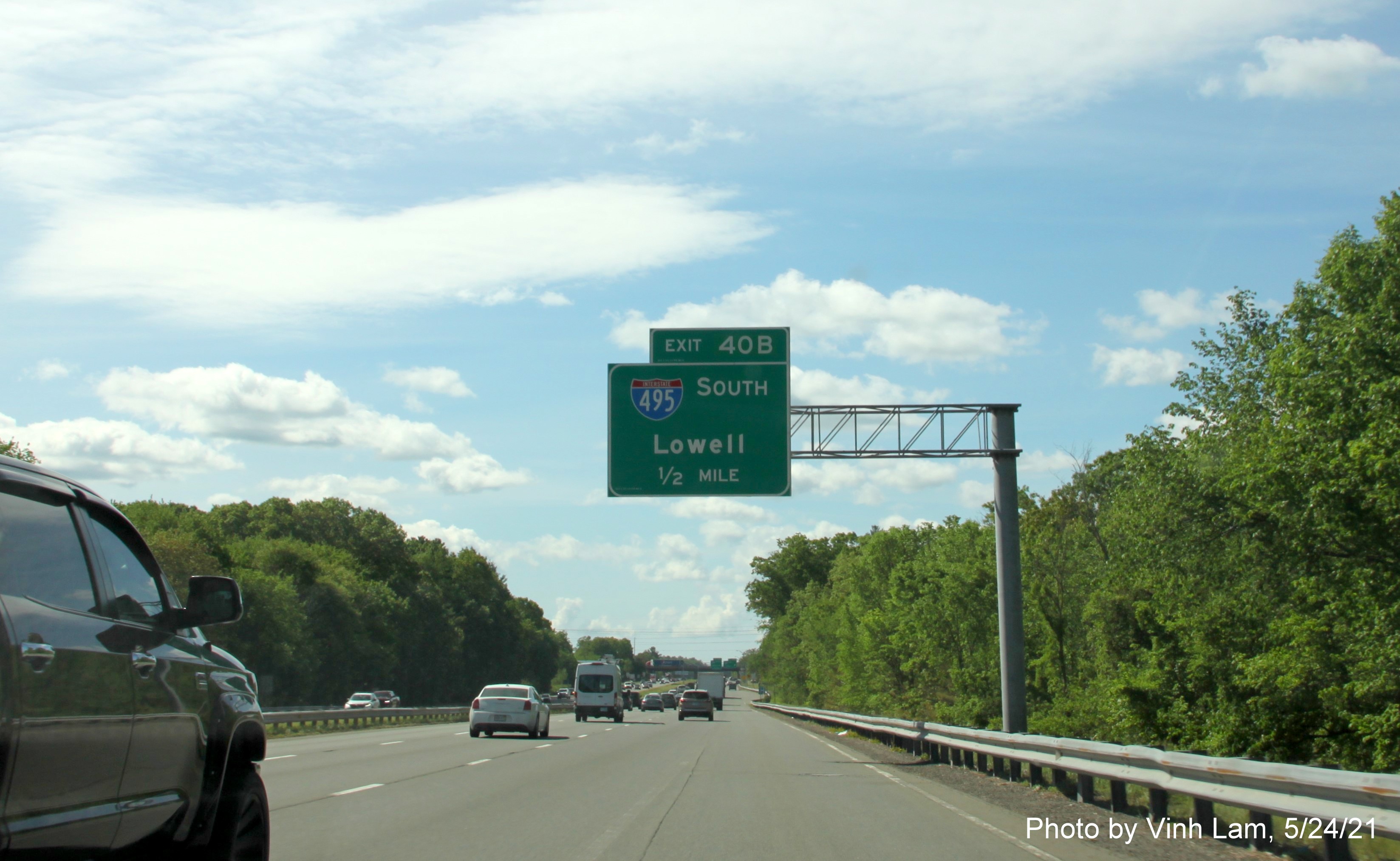 Image of 1/2 mile advance sign for I-495 exit with new milepost based exit number on I-93 South in Andover, by Vinh Lam, May 2021