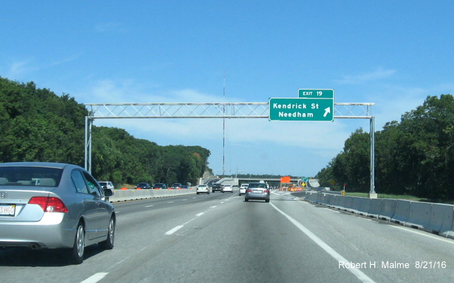 Image of new overhead exit signage for new Kendrick St. exit in I-95 North in Needham