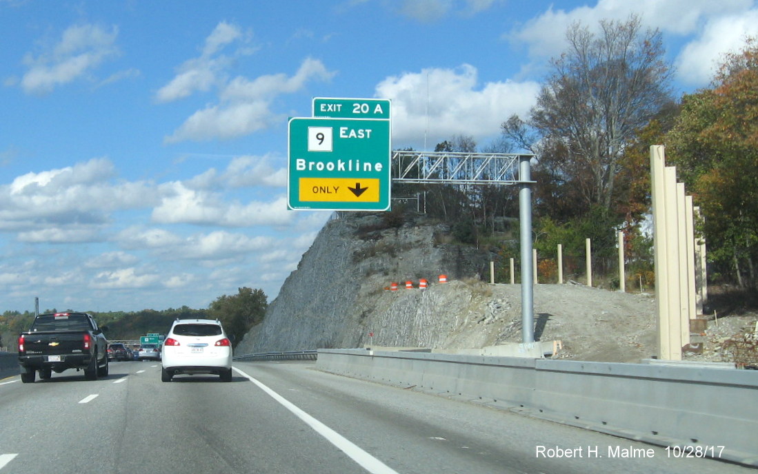 Image of new overhead exit sign for MA 9 on I-95 North in Add-A-Lane Project work zone in Needham