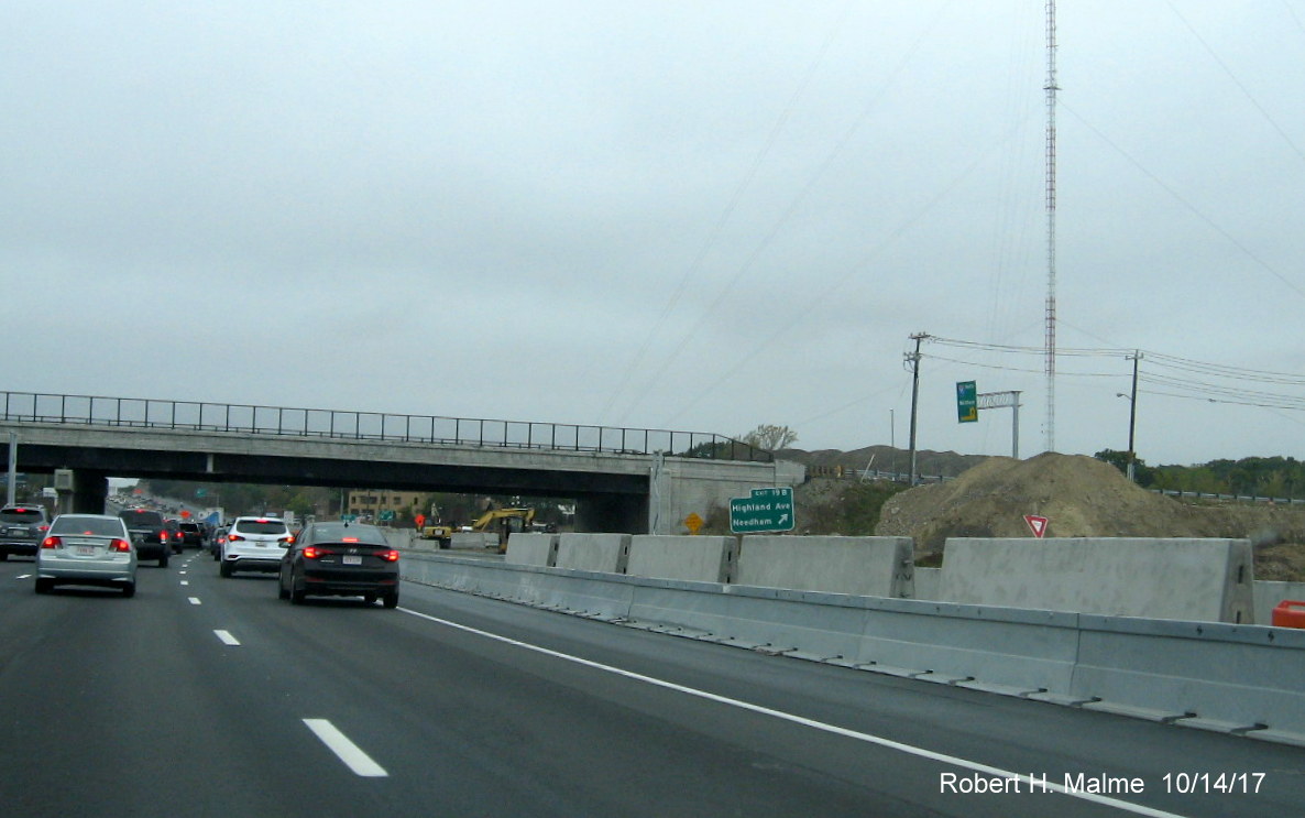 Image of new concrete barriers to be placed between I-95 North and Highland Ave exit ramp traffic in Add-A-Lane Project work zone in Needham