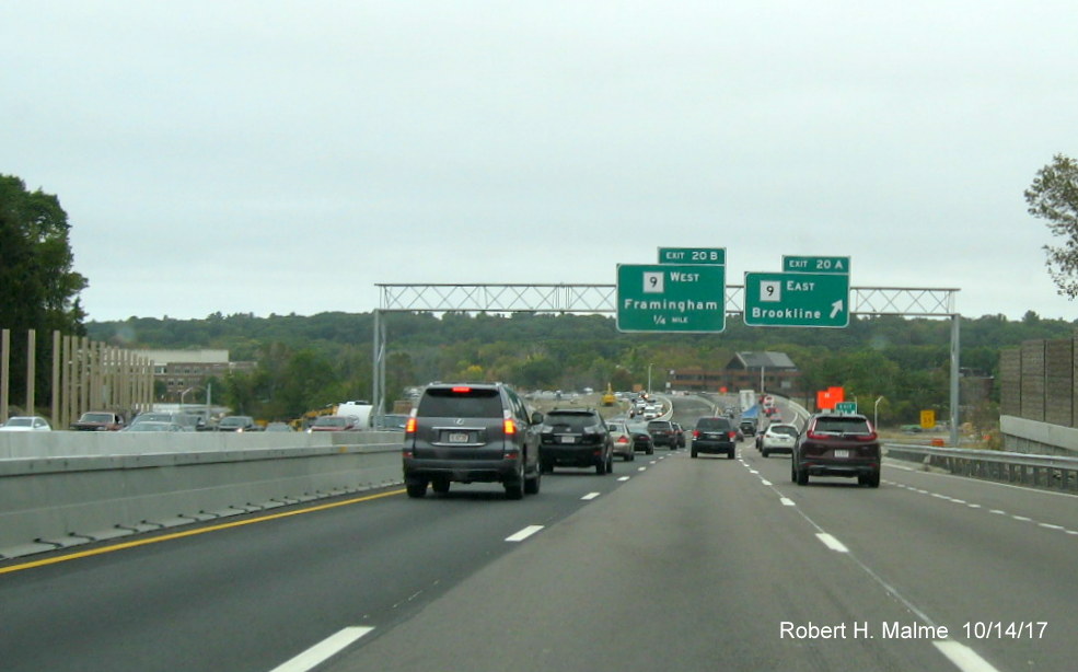 Image of new overhead signage for MA 9 exit from I-95 North in Add-A-Lane Project work zone in Wellesley