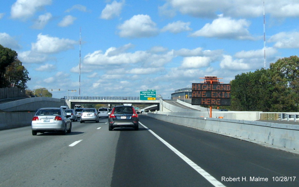Image of portable Variable Message Sign alerting drivers to new Highland Ave exit ramp on I-95 North in Needham