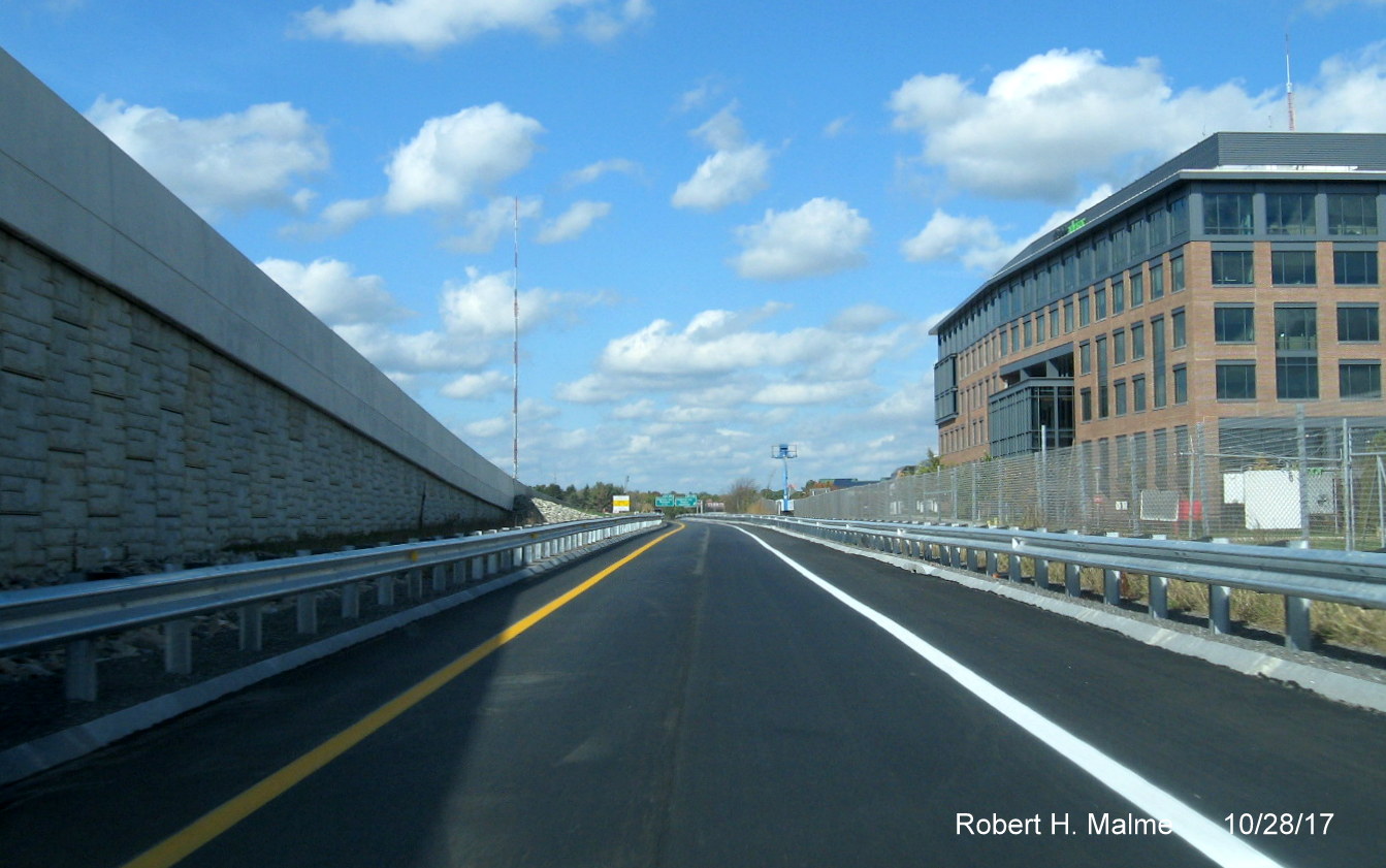 Image of driving newly opened ramp from I-95 North to Highland Ave in Needham in Add-A-Lane Project work zone