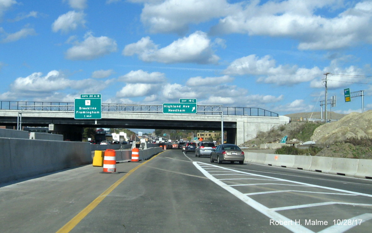 Image of new exit sign for Highland Avenue over newly opened C/D ramp from I-95 North in Needham
