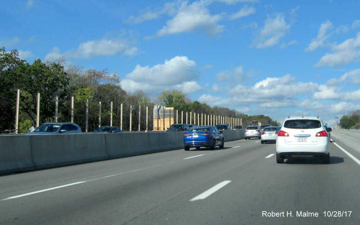 Image of sound barrier wall support construction along I-95 South in Add-A-Lane Project work zone in Needham