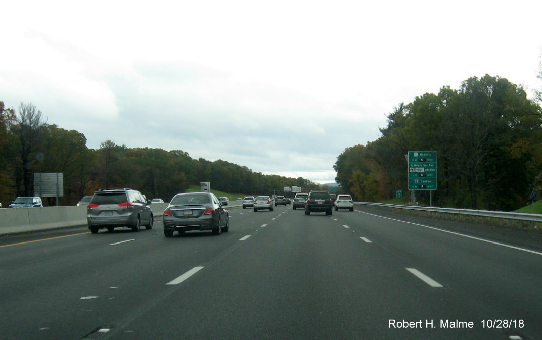 Image of 4 opened lanes of traffic on I-95 South in completed Add-A-Lane Project work zone in Needham