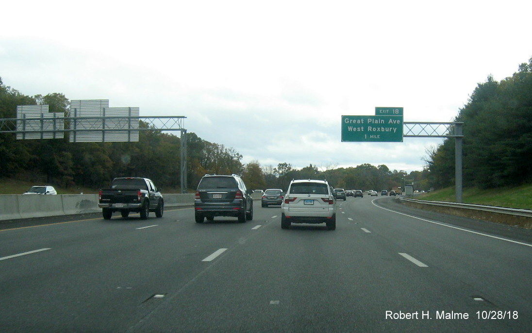 Image of opened four lanes of traffic on I-95 South approaching 1 mile advance sign for 
                                                   Great Plain Ave exit beyond southern end of Add-A-Lane Project work zone in Needham