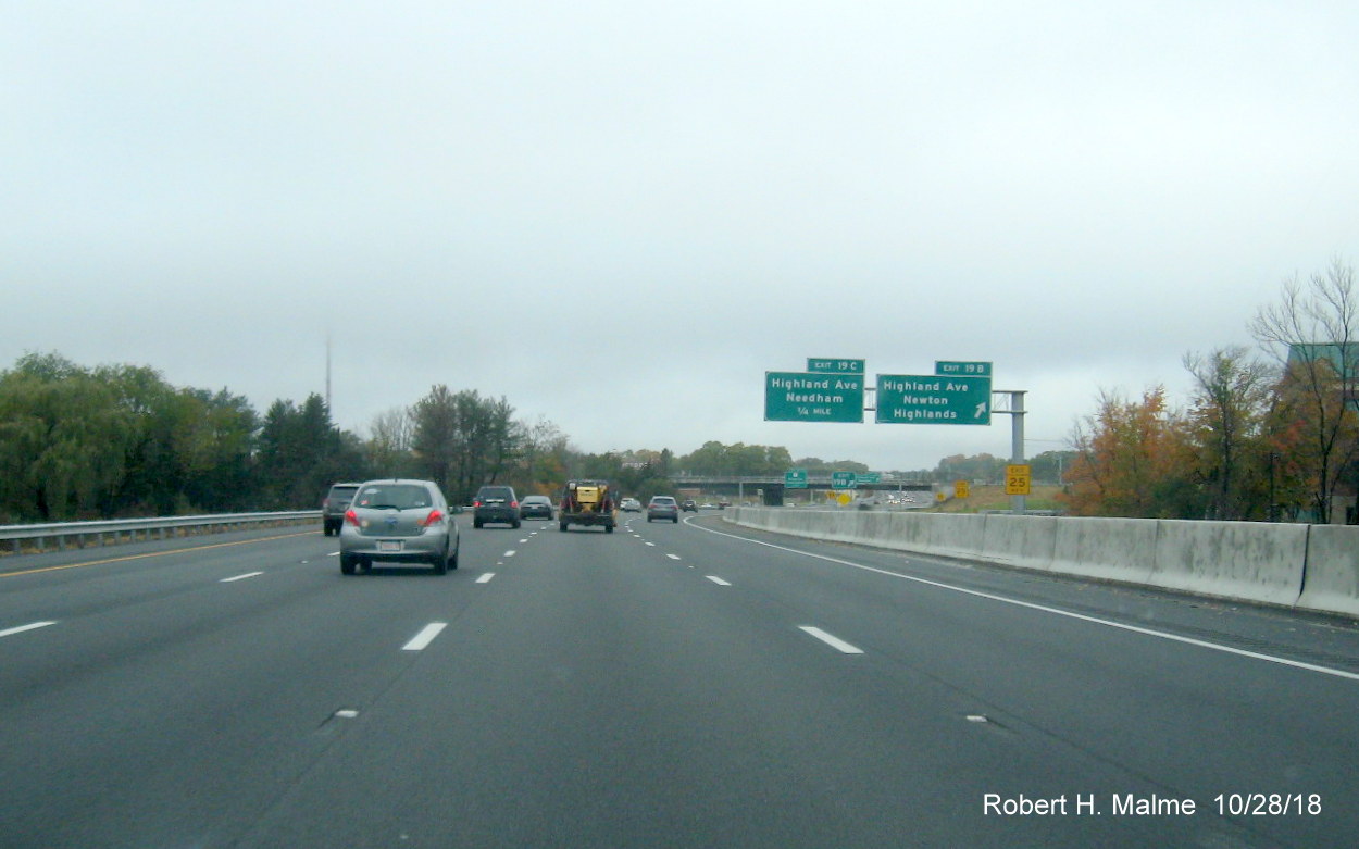 Image of opened travel lanes approaching Highland Ave on I-95 North in completed Add-A-Lane Project work zone in Needham