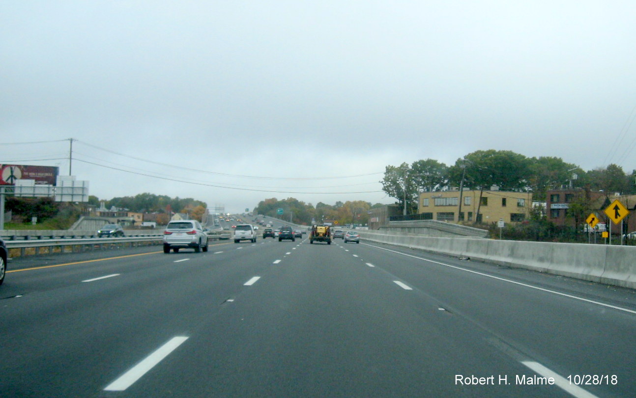 Image of opened traffic lanes on I-95 North beyond Highland Ave in completed Add-A-Lane Project work zone in Needham