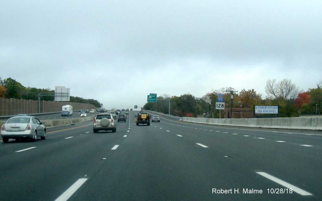 Image of newly placed I-95/MA 128 reassurance marker beyond Highland Ave in completed Add-A-Lane Project work zone in Needham