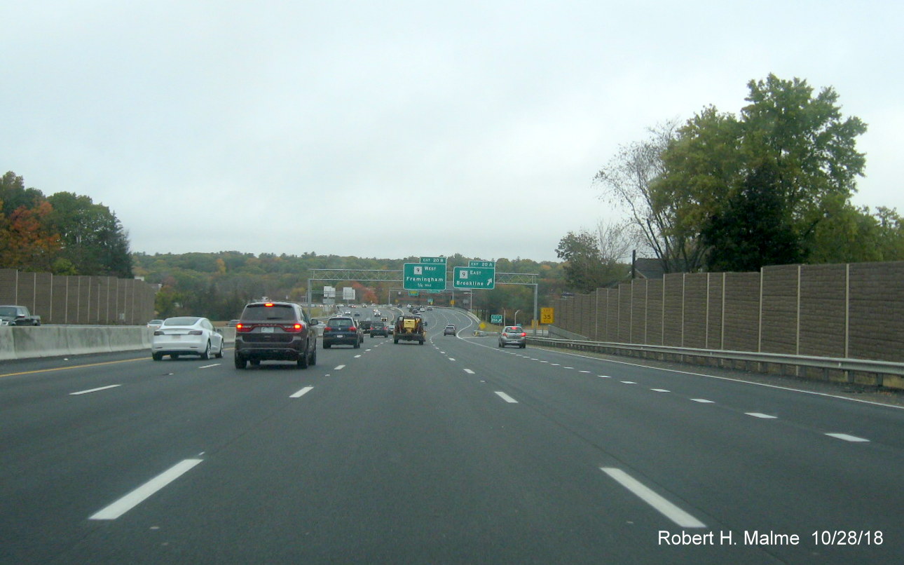 Image of newly opened traffic lanes approaching MA 9 exit on I-95 North in completed Add-A-Lane Project work zone in Needham