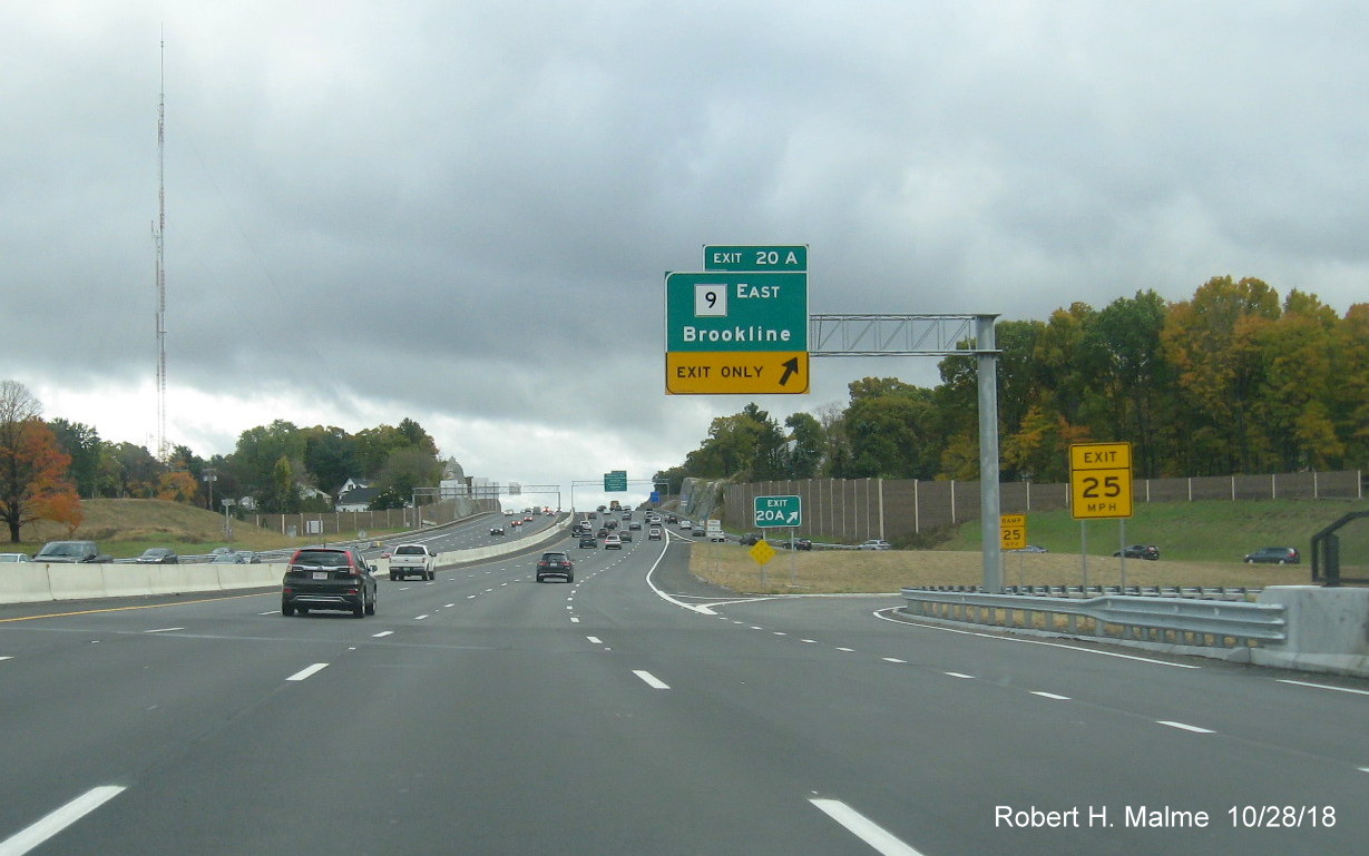 Image of exit only MA 9 exit sign at site of former lane drop on I-95 South at completed Add-A-Lane Project work zone in Wellesley