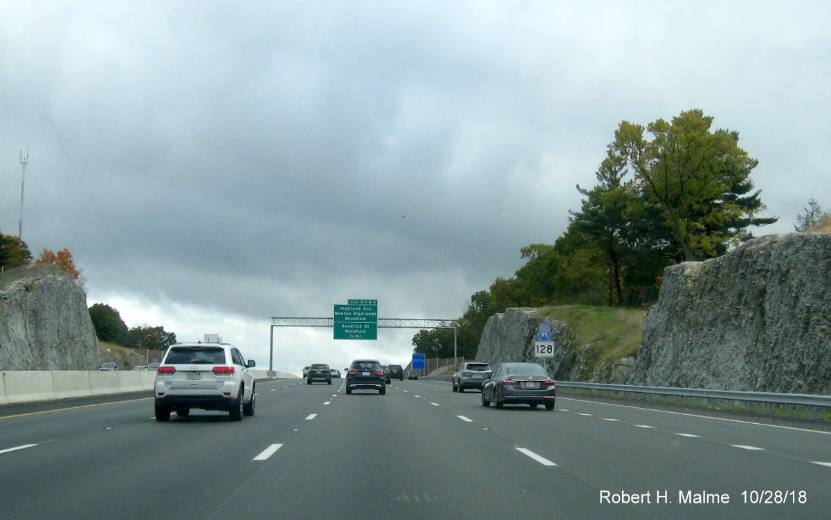 Image of new I-95/MA 128 South reassurance marker in completed Add-A-Lane Project work zone in Needham