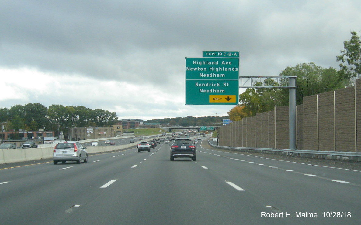 Image of Highland Ave/Kendrick St exit sign on I-95 South in completed Add-A-Lane Project work zone in Needham