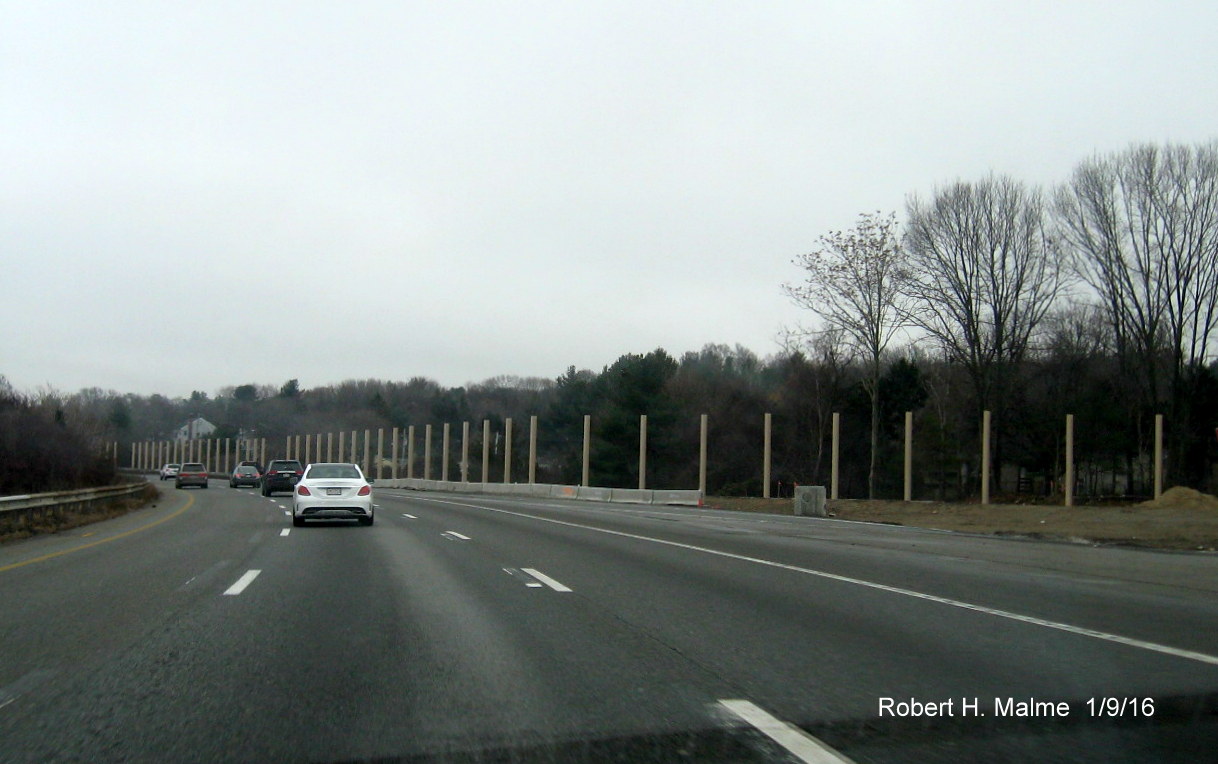 Image of frame for noise barrier walls being constructed along I-95 South in Needham