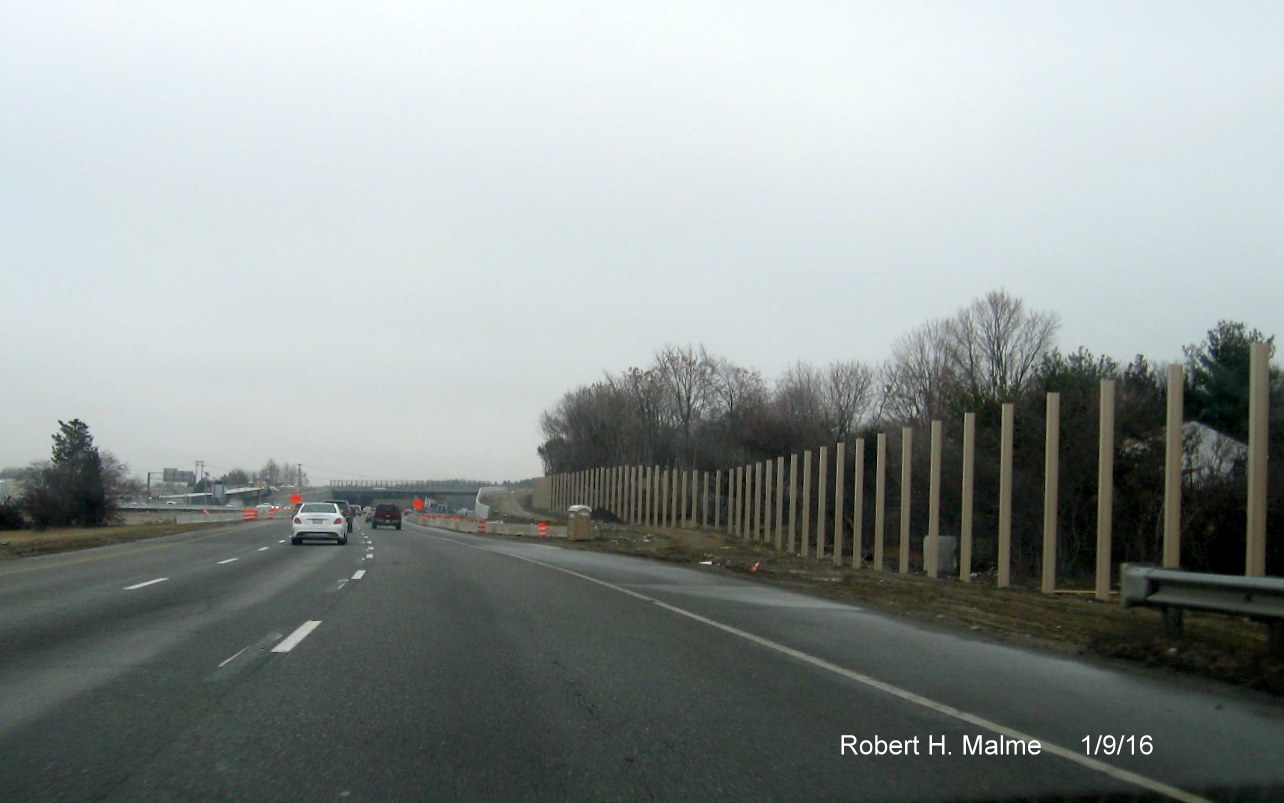 Image of noise barrier wall construction between Highland Ave and Kendrick St along I-95 South in Needham