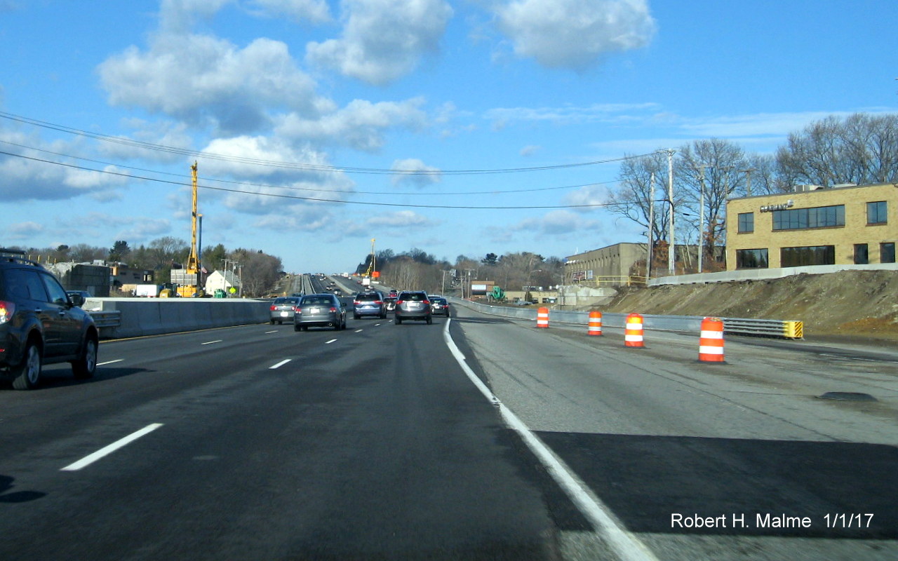 Image of Add-A-Lane construction project work beyond Highland Ave. on I-95/128 North in Needham