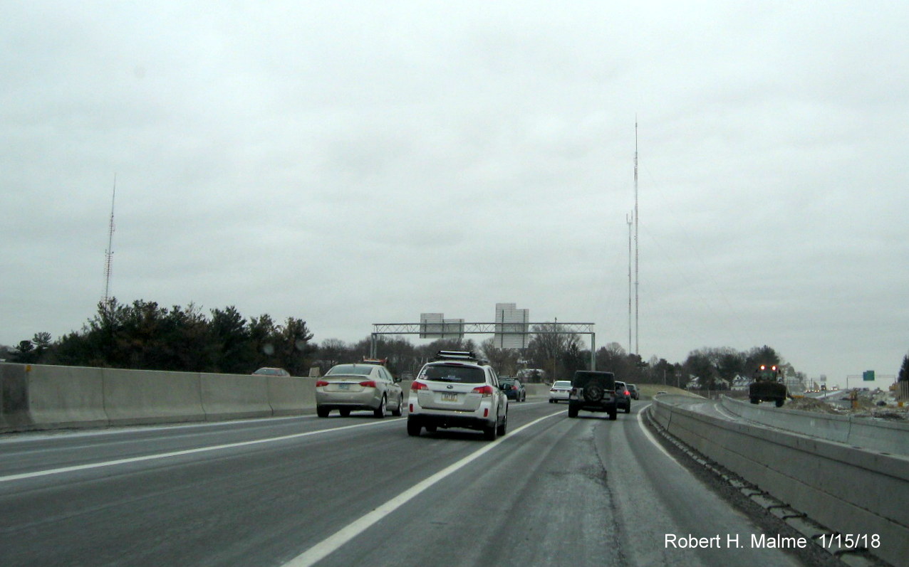 Image taken of crossing new bridge over MA 9 on I-95 South in Add-A-Lane Project work zone in Wellesley