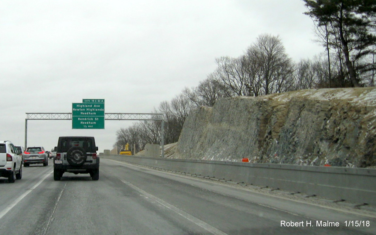 Image of completed rock cut along I-95 South lanes needed to build 2 new lanes between MA 9 and Highland Ave in Needham