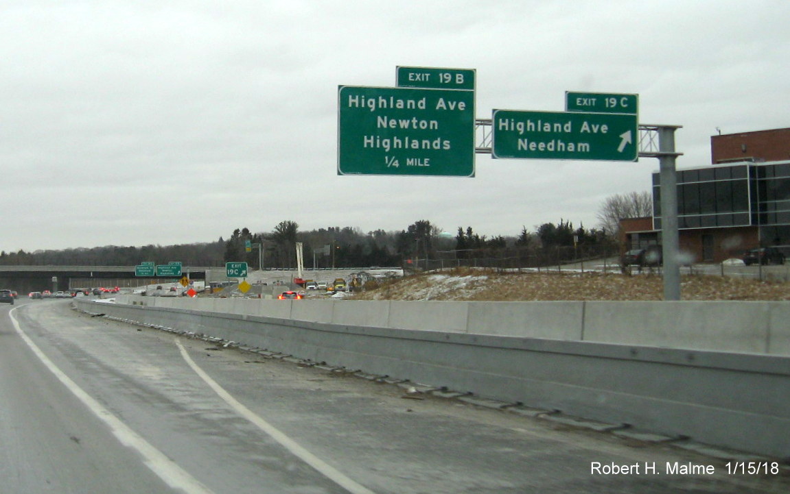 Image of temporary and permanent concrete barriers separating I-95 South traffic from Highland Ave C/D lanes in Needham