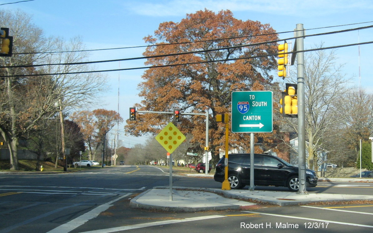 Image of I-95 South guide sign at intersection of Kendrick Street and ? Road in Needham