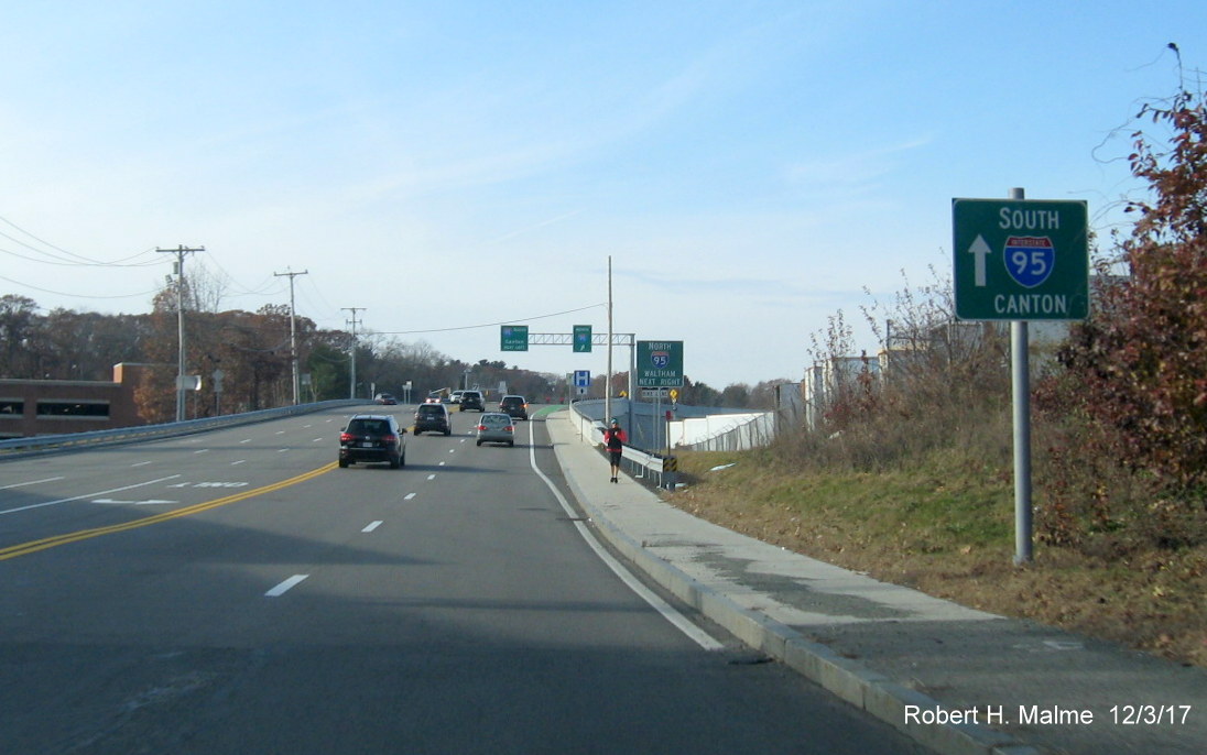 Image of existing and new I-95 ramp guide signs on Kendrick St heading west in Needham