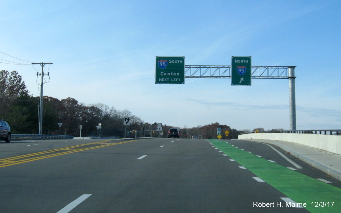 Image of new sign for North I-95 added to existing I-95 South ramp guide sign on westbound Kendrick St in Needham for new I-95 north ramp