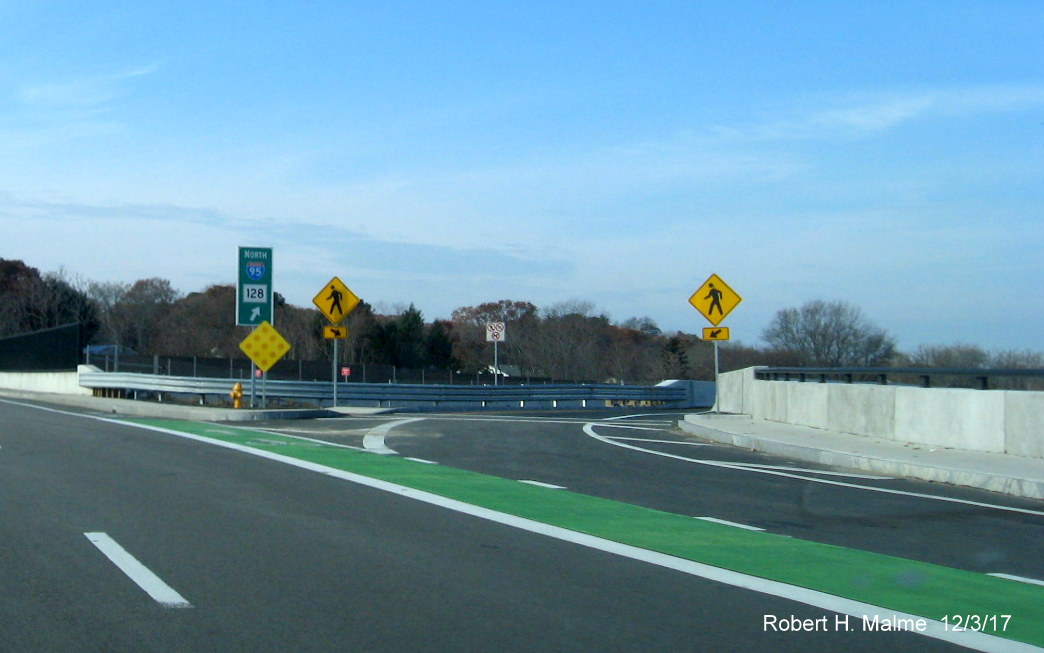 Image of new I-95/128 North guide sign at newly opened ramp from westbound Kendrick St in Needham