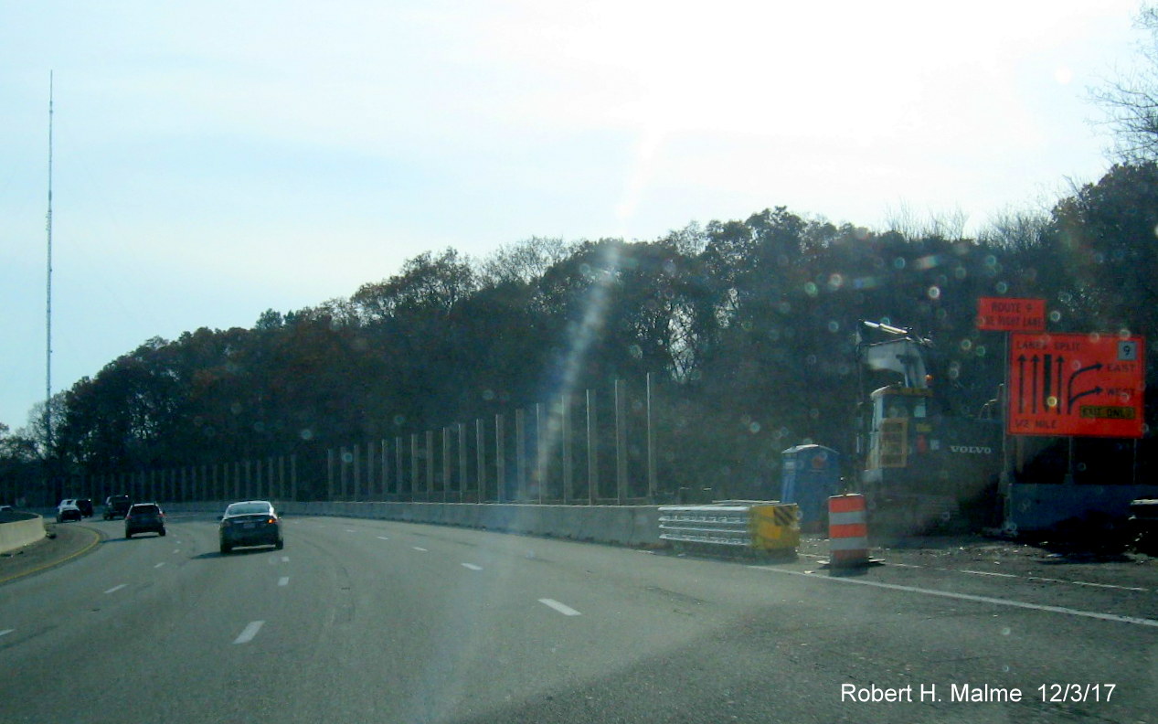 Image of noise wall supports being constructed along I-95 South prior to MA 9 exit in Wellesley
