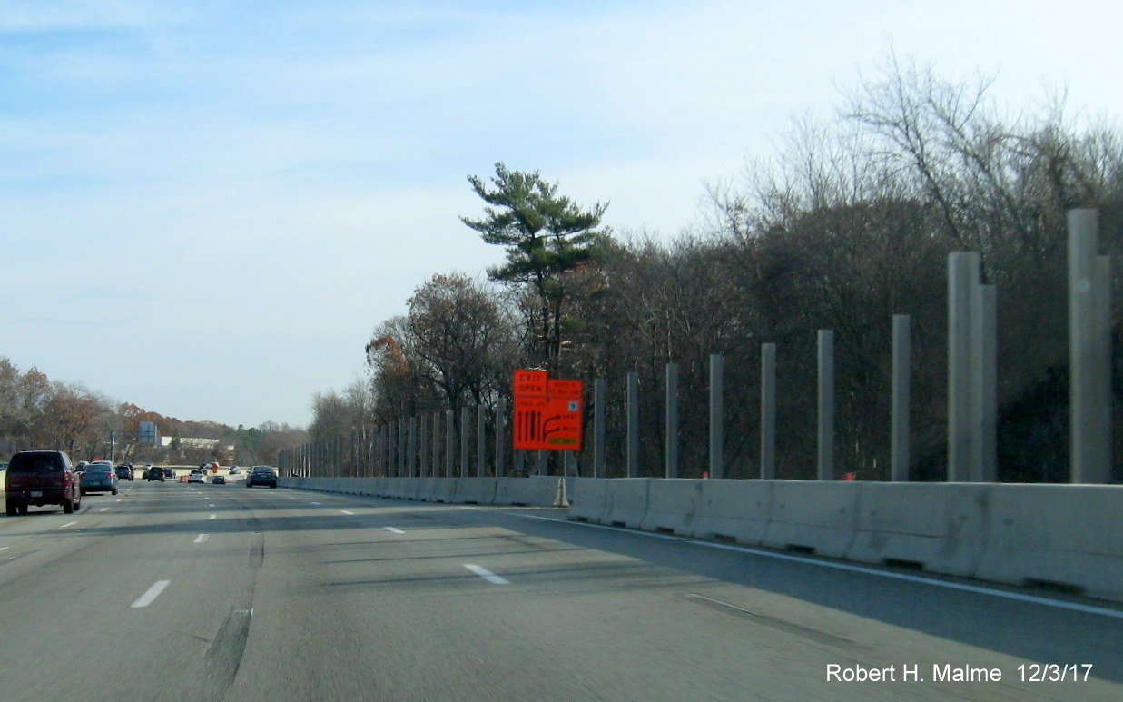 Image of sound wall support post installation along right shoulder of I-95 South approaching MA 9 exit in Wellesley